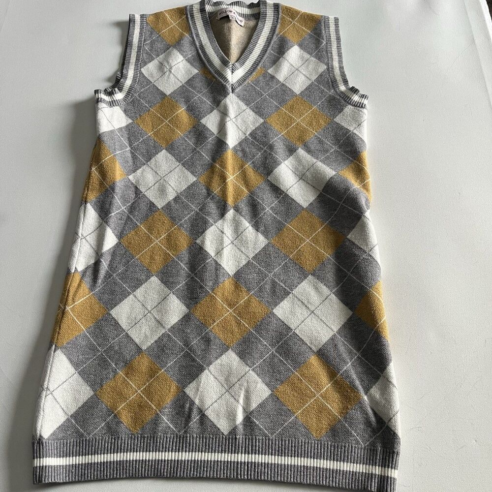 WILLLOW & WIND Women’s Large Gray Yellow Argyle Mini Sweater Vest Dress Preppy